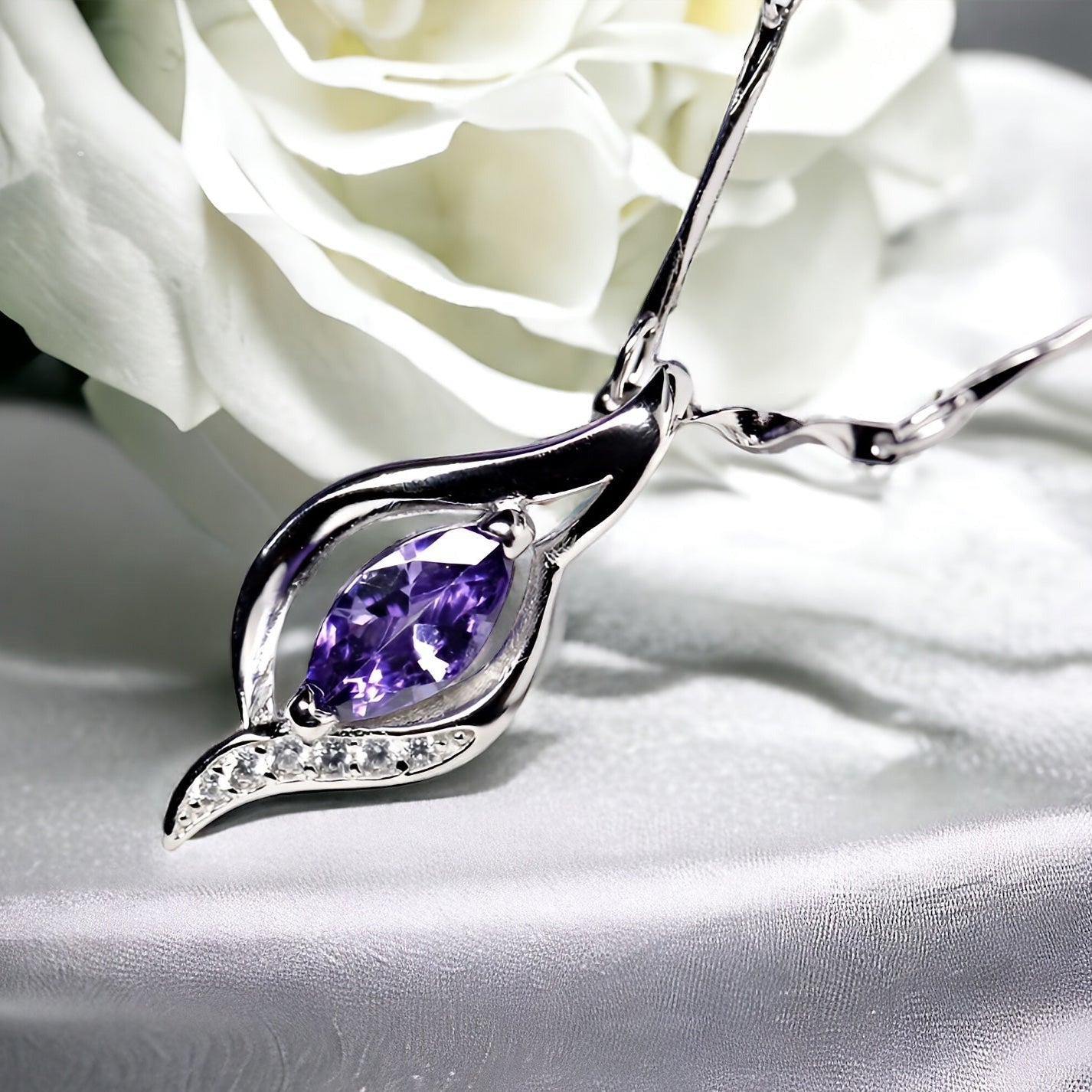 Purple Marquise On 925 Sterling Silver Necklace