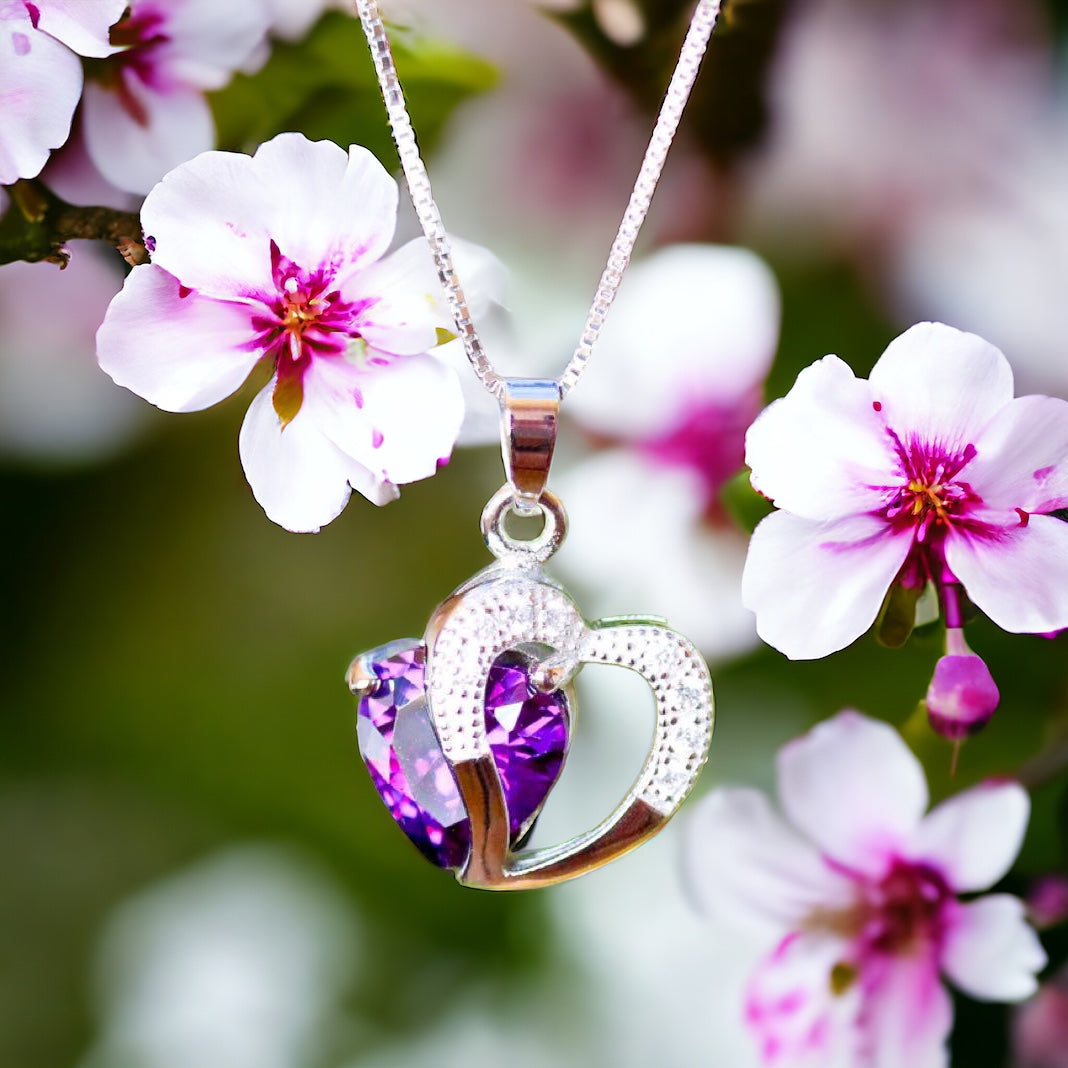 Purple Heart On 925 Sterling Silver Necklace